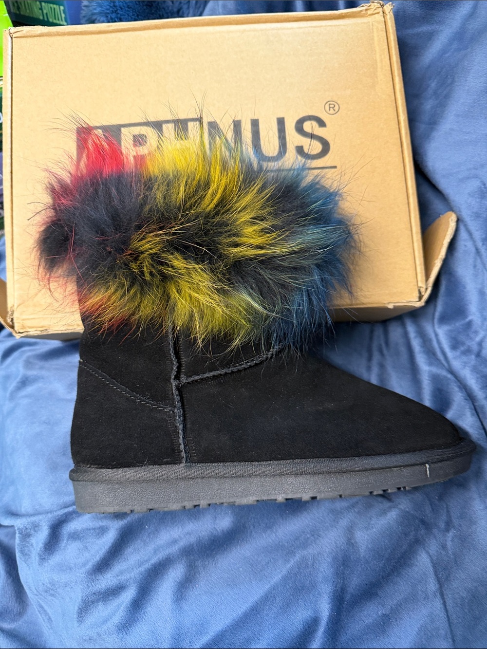 BearPaw Black Suede Ankle Boot with Rainbow Fur Cuff Fox fur new in box